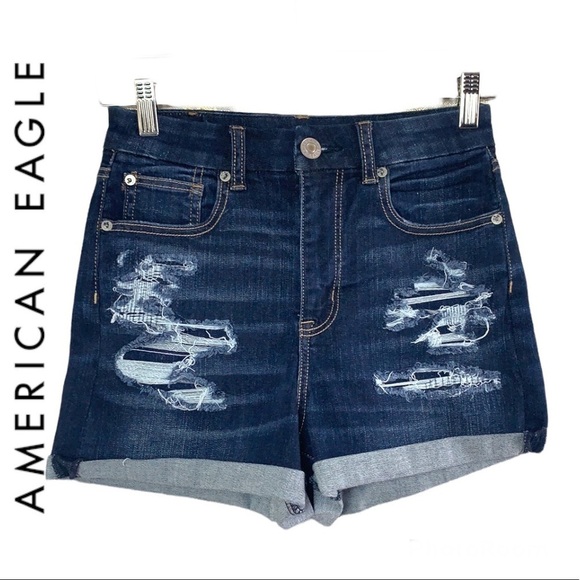 AMERICAN Eagle Curvy Hi Rise Shortie Stretch Distressed Shorts Women's Size 4 - Picture 2 of 16